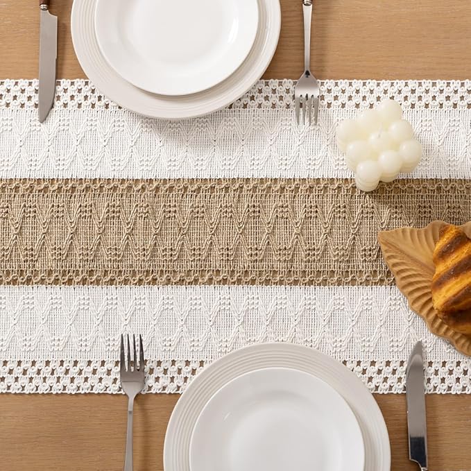Socomi Boho Table Runner Valentine's Day Farmhouse Rustic Dining Kitchen Centerpiece Decor Small Macrame Woven Cotton Linen Coffee Table Runner for Dresser Scarf Home Decor 12x72 inch
