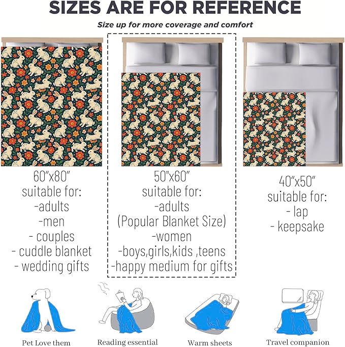 Bunny Gifts, White Rabbit and Floral Theme Flannel Blanket for Women, Spring Animal Birthday Throw Blankets for Kids, Girls, Travel Camping Sofa Living Room Decor 50x60 in