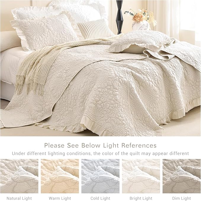 Lady Ann Wheat Quilt Sets Queen 102x118,Stone-Washed Lightweight Ruffle Coverlet, 3Pcs Quilted Crinkled Shabby Bedspread Set Farmhouse Rustic Bedding Set for All Season