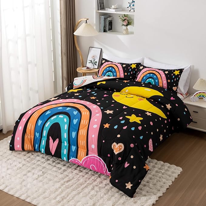 Btargot Lightweight Soft 3 Piece Rainbow Comforter Set with 2 Pillow Covers, Cartoon Love Hearts Flowers and Sun Moon Star Bedding Set for Girls Boys Kids, Queen Black