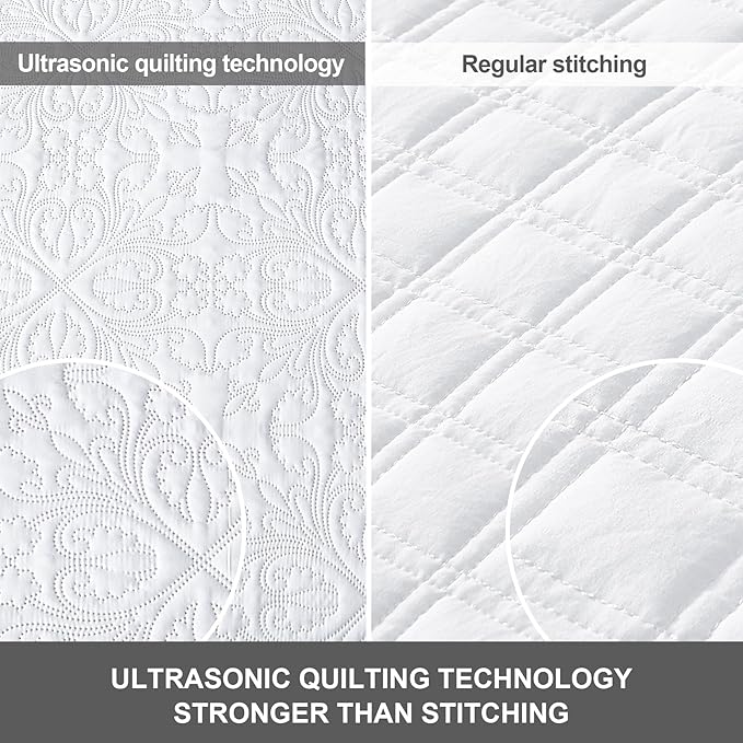 Hansleep White Quilt King Size - Baroque Ultrasonic All Season Bedspread King, Soft Lightweight Coverlet Bedding Set, 3 Pieces (1 Quilt, 2 Pillow Shams)