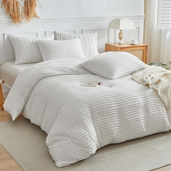 WARMDERN Boho Duvet Cover Set Twin Size,White Striped Duvet Cover Microfiber Bedding Set,2PCS Ultra Soft Breathable Lightweight Tuft Texture Pattern Duvet Covers with Zipper Closure(White,Twin)