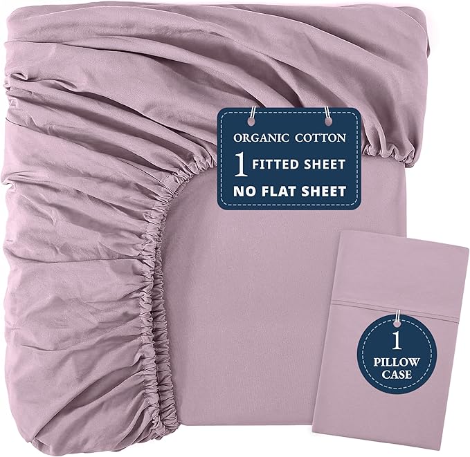 LANE LINEN 100% Organic Cotton Twin Fitted Sheets, Lilac, 2-Piece Set (1 Fitted Sheet, 1 Pillowcase), Percale Weave, Lightweight, Soft, Breathable, Fits Mattress Upto 15' Deep - Lilac (No Flat Sheet)
