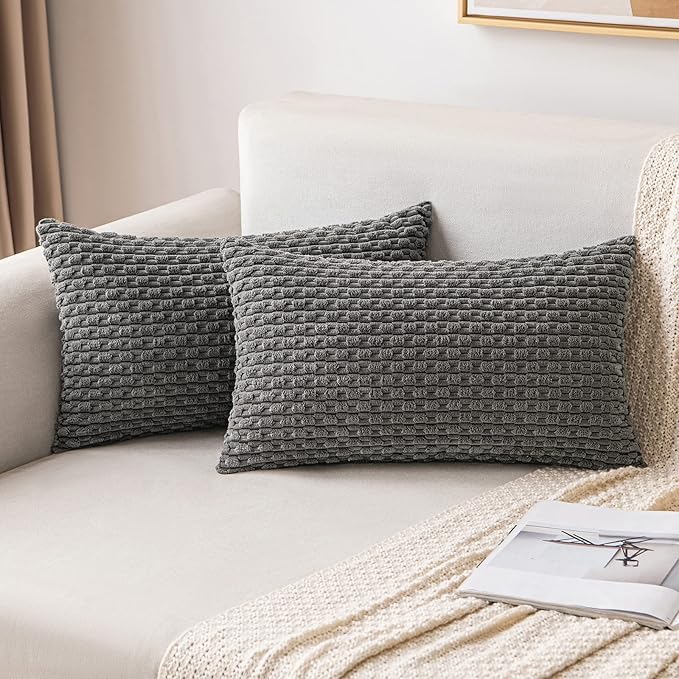 MIULEE Pack of 2 Decorative Lumbar Throw Pillow Covers 12x20 Inch Soft Boho Striped Textured Corduroy Pillow Covers Modern Farmhouse Home Decor for Couch Bed Sofa Living Room Dark Grey