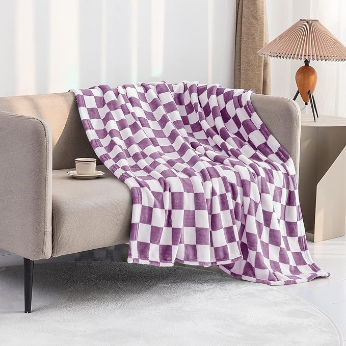 LOMAO Throw Blankets Flannel Blanket with Checkerboard Grid Pattern Soft Throw Blanket for Couch, Bed, Sofa Luxurious Warm and Cozy for All Seasons (Purple, 40"x60")