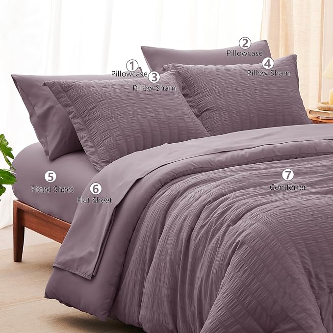 CozyLux Oversized King Comforter Set Dusty Purple Seersucker 7 Pieces 120x98 Bed in a Bag Comforter Set with Sheets, Luxury Bedding Sets with Down Alternative Comforter, Sheets, Pillowcases & Shams