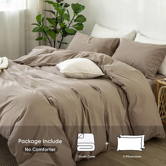 MooMee Bedding Duvet Cover Set 100% Washed Cotton Linen Like Textured Breathable Durable Soft Comfy (Mocha Brown, Alaska King)