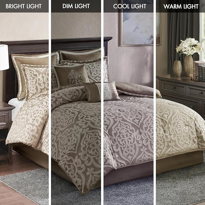 Madison Park Odette Cozy Comforter Set Jacquard Damask Medallion Design - Modern All Season, Down Alternative Bedding, Shams, Decorative Pillows, Queen(90 in x 90 in), Tan 8 Piece