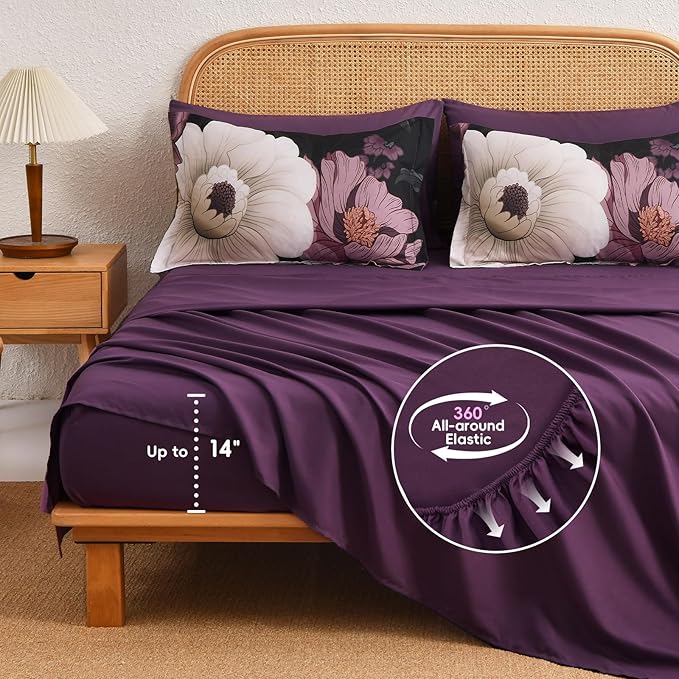 Xruibed Black Purple Floral Comforter Set King Size 7 Pieces Bed in a Bag Flower Bedding Sets Lightweight Boho Bed Set with Sheet,Pillowcases&Shams for All Season