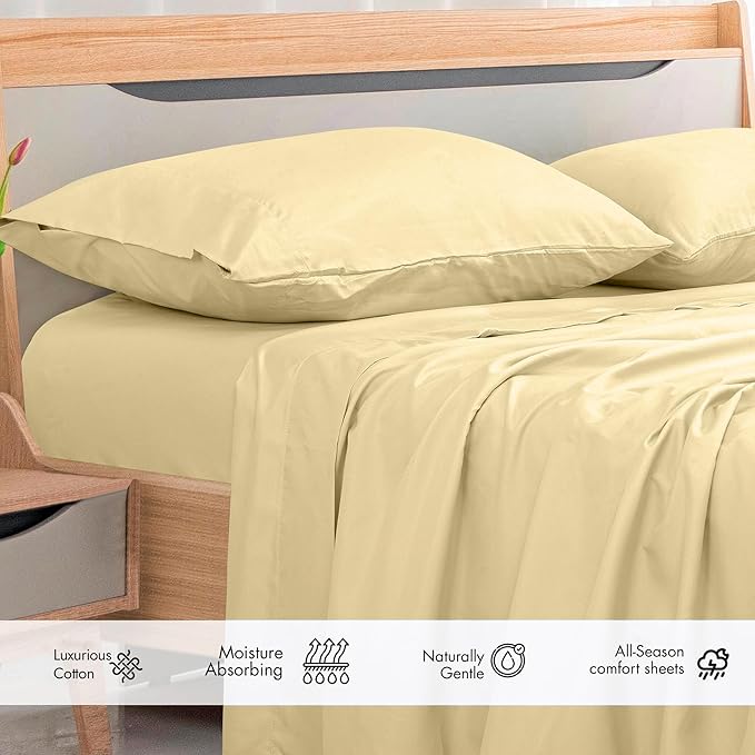 Royale Linens 300 Thread Count 100% Long Staple Combed Cotton Flat Sheet - Super Soft - Top Sheets - Full Flat Sheet Sold Separately - Breathable, Cool & Crisp Percale Sheets Only (Full, Light Yellow)