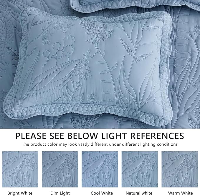 Botanical Oversized Bedspread Queen Size - Leaves Pattern Stitching Quilt Set - Elegant & Fresh Style Bedding Coverlets, Reversible, Lightweight, 5 Piece, Ashley Blue