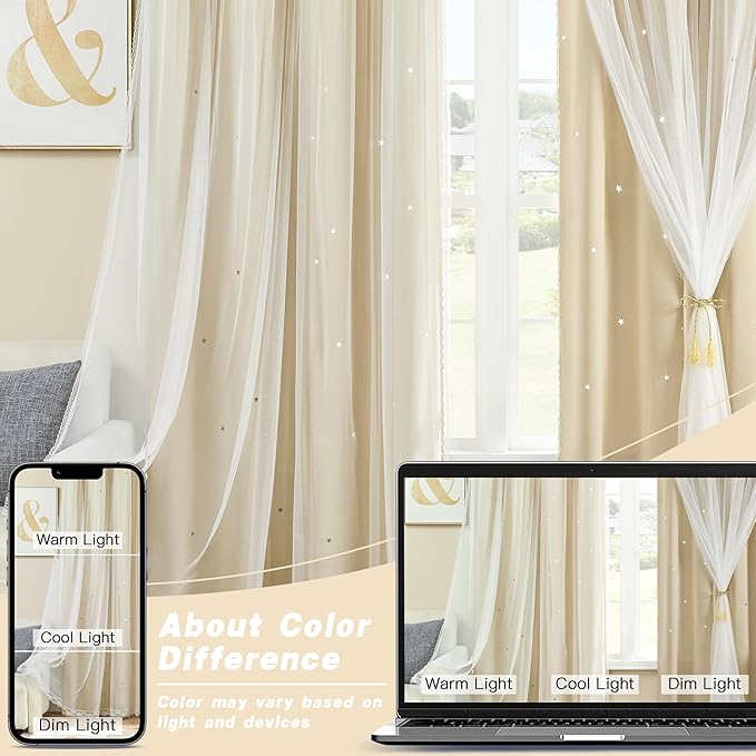 XiDi Beige Curtains with Sheer Overlay for Living Room Bedroom 2 Panels Star Hollow Out 80% Blackout Double Layer Curtains for Kids Girls Room Darkening Grommet Window Drapes with Tiebacks W34 X L54