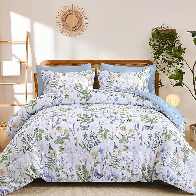 Yiran King Size Comforter Set, 7 Pieces Blue White Floral Soft Bedding Sets, King Bed in a Bag Botanical Flowers All Season Comforter, Sheets, Pillowcases & Shams