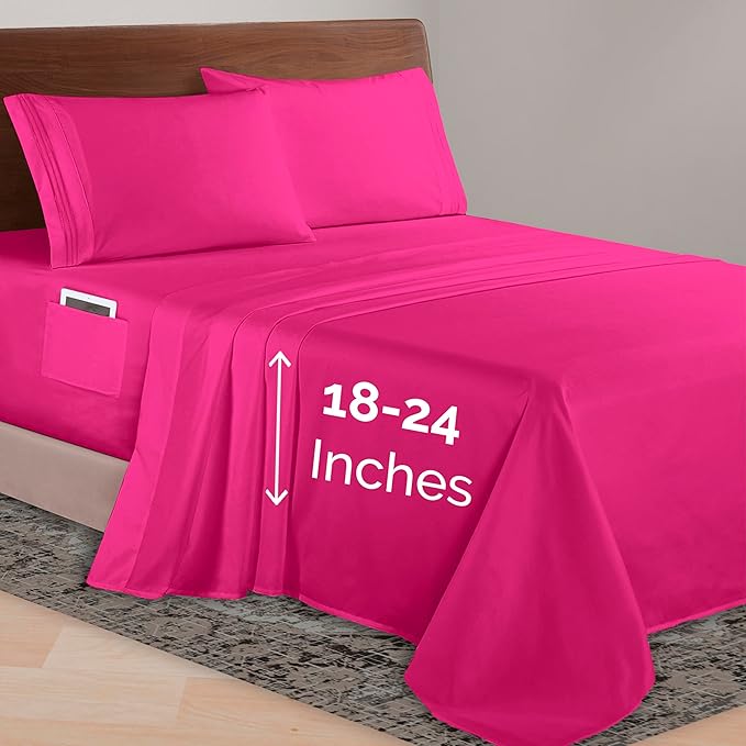 Elegant Comfort Luxurious 1500 Premium Hotel Quality Microfiber 4-Piece Sheet Set, 18-24 Inches Deep - Extra Deep Pocket Sheets - Ultra Soft 4PC Deep Pocket Sheets, Twin/Twin XL, Hot Pink