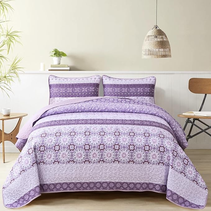 WONGS BEDDING Boho Quilt Queen Set,Purple Bohemian Striped Patchwork Bedspread Coverlet Set with 2 Pillowcases,Lightweight Microfiber Floral Quilt Bedding Set 96"×90"