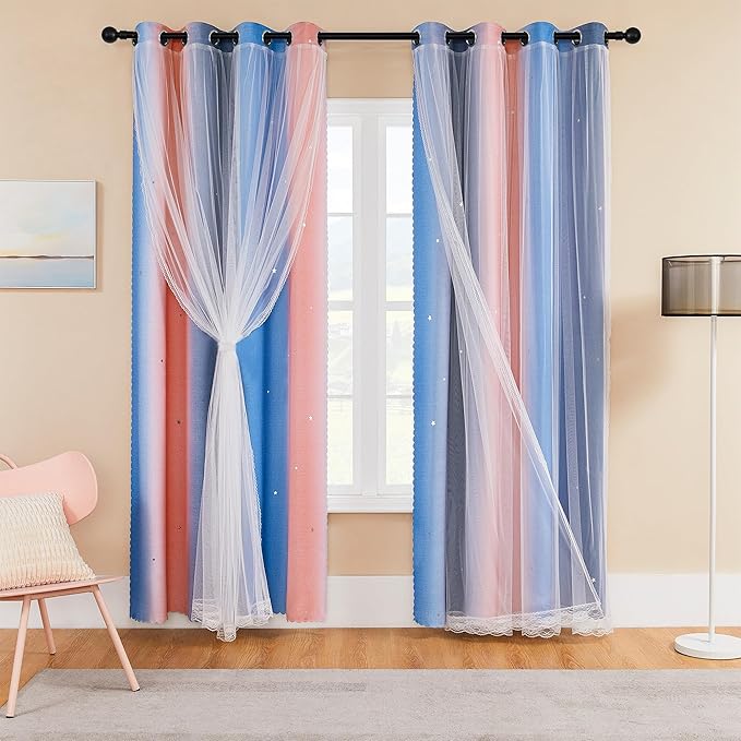 XiDi 90 Inches Curtains for Girls Bedroom 2 Panels Set, Blackout Rainbow Curtains for Kids Room Decor, Unicorn Wall Decals Drapes for Little Girl Nursery Room Pink/Grey/Blue 34 Inches Wide