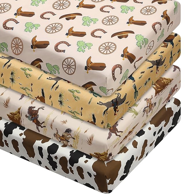 VitalCozy 4 Pcs Western Cowboy Crib Sheet Set Newborn Bedding Nursery Baby Sheets for Girl Boys Baby Gifts for Standard Crib and Toddler Mattresses, 52 x 28 x 8 Inches
