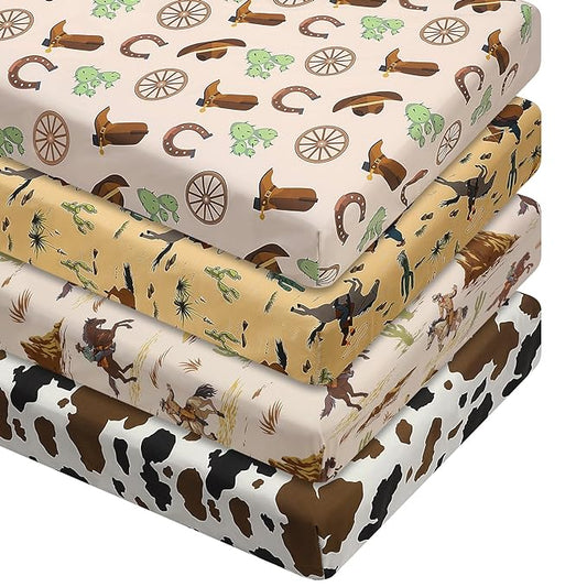 VitalCozy 4 Pcs Western Cowboy Crib Sheet Set Newborn Bedding Nursery Baby Sheets for Girl Boys Baby Gifts for Standard Crib and Toddler Mattresses, 52 x 28 x 8 Inches
