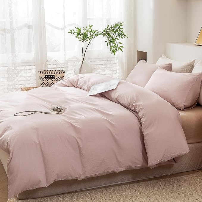 ECOCOTT Duvet Cover Set, 100% Washed Cotton Linen-Like Soft & Breathable, Durable Comfy Bedding Set for All Seasons Twin Size (Greyish Pink)