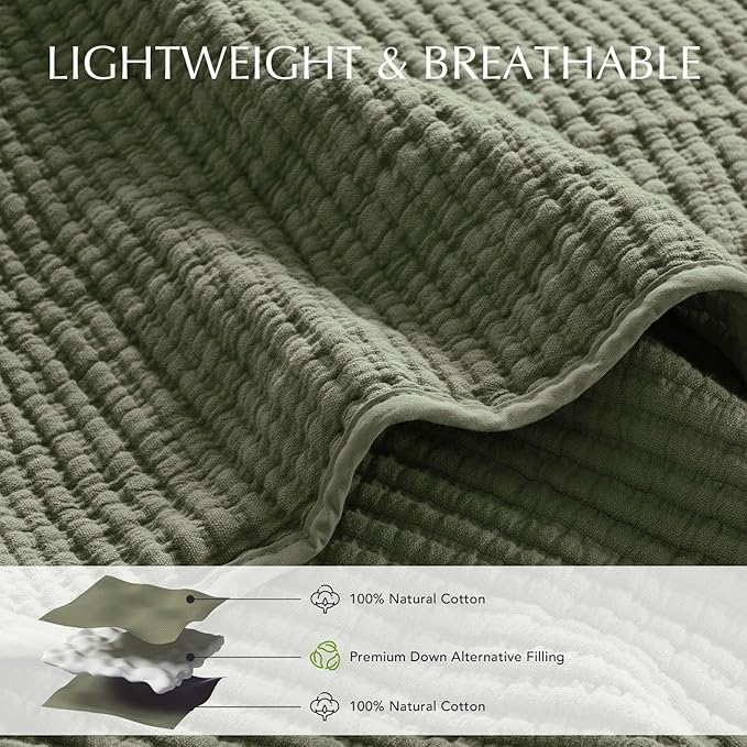 EVERGRACEHOME Cotton Coverlet Set King Size 3 Pieces, Lightweight Soft Ribbed Matelassé Bedspread Quilt Set, Cozy Oversized Quilted Bedding Set with 2 Pillow Shams for All Seasons, Olive Green