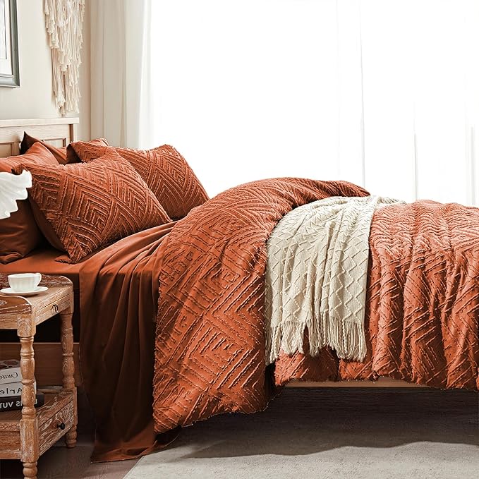 Zzlpp Full Comforter Set 7 Pieces, Burnt Orange Tufted Bed in a Bag with Comforter, 2 Pillow Shams, 2 Pillowcases, 1 Flat Sheet, 1 Fitted Sheet