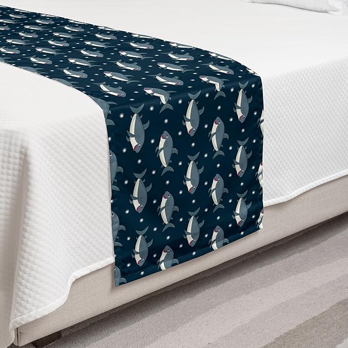 Lunarable Baby Shark Bed Runner, Repetitive Illustration Cartoon Big Fish and Dots, Decorative Accent Bedding Scarf for Hotels Homes and Guestrooms, Twin, Taupe Warm Taupe