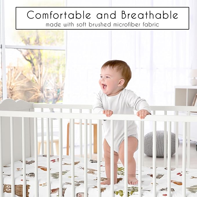 Sweet Jojo Designs 4-Piece Baby Crib Bedding Set (Woodland Animals) for Boys or Girls, Infants/Nursery incl. Blanket, Fitted Sheet, Skirt, Diaper Stacker (Neutral Theme, Forest Animal, Bear, Hedgehog)