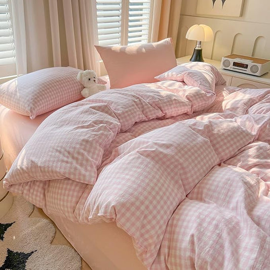 mixinni Light Pink Gingham Duvet Cover Set Full Size - 100% Washed Cotton 3 Piece Plaid Checkered Bedding Set, Soft Comfy Grid Farmhouse Comforter Cover with Zipper Closure & Corner Ties