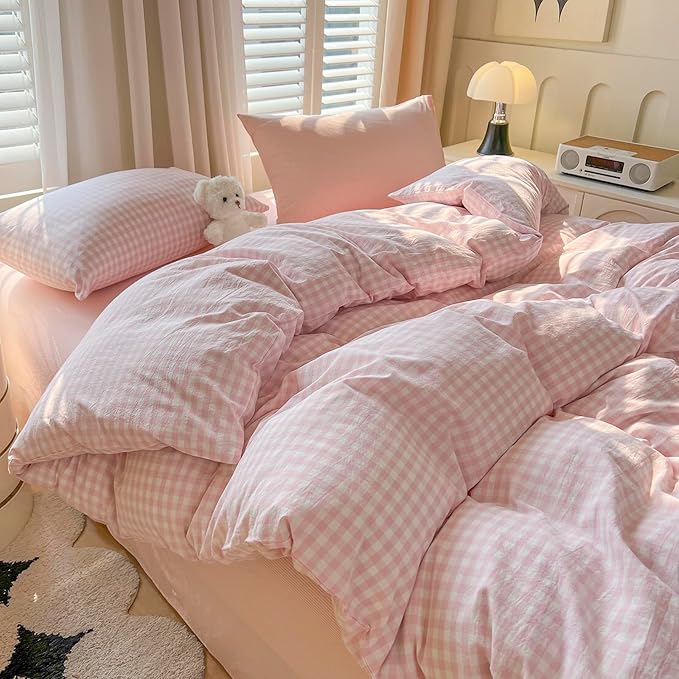 mixinni Light Pink Gingham Duvet Cover Set King Size - 100% Washed Cotton 3 Piece Plaid Checkered Bedding Set, Soft Comfy Grid Farmhouse Comforter Cover with Zipper Closure & Corner Ties