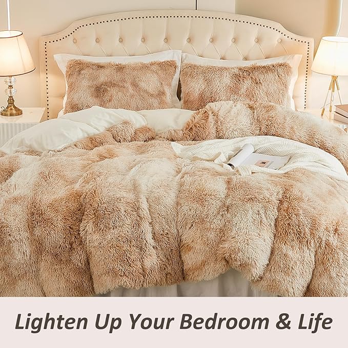 EMME Luxury Khaki Fuzzy Duvet Cover Set Twin Size Fluffy Comforter Cover Set 2 Pieces Shaggy and Plush Soft Bedding Duvet Covers (Tie Dye Khaki, Twin)