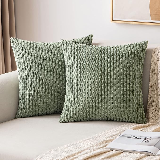 MIULEE Pack of 2 Decorative Throw Pillow Covers 26x26 Inch Soft Boho Striped Textured Corduroy Pillow Covers Spring Modern Farmhouse Home Decor for Couch Bed Sofa Living Room Sage Green