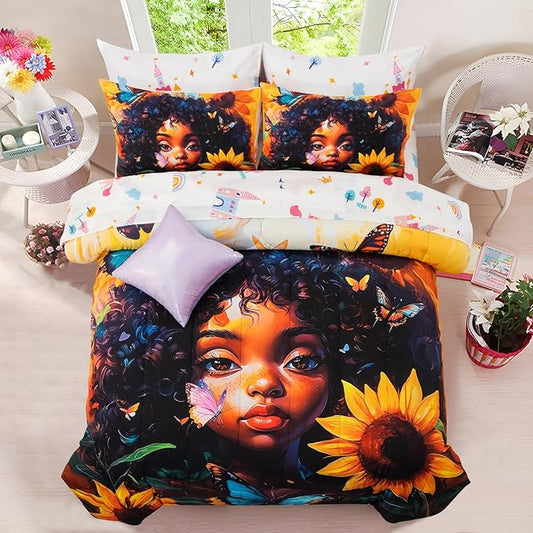 A Nice Night 6pcs Comforter Sets,Black Girl with Butterfly Flying Printed, Sunflower Flowering Shrubs Background Kids Bedding Set,Queen