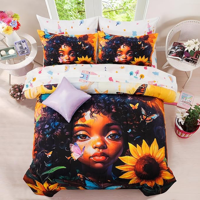 A Nice Night 6pcs Comforter Sets,Black Girl with Butterfly Flying Printed, Sunflower Flowering Shrubs Background Kids Bedding Set,Twin