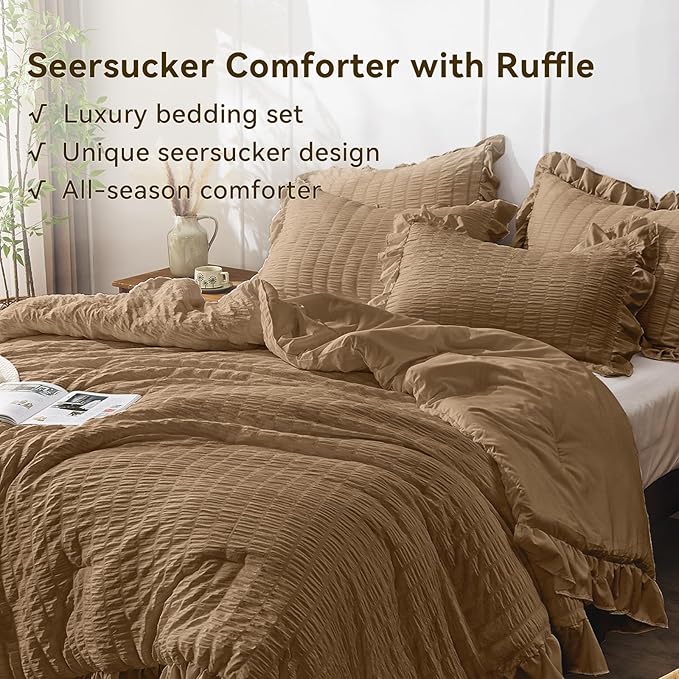 JOLLYVOGUE Queen Comforter Set, 3 Pieces Oak Brown Seersucker Comforters Queen Size, Lightweight & Fluffy Bedding Sets for All Season with 1 Ruffle Comforter and 2 Ruffle Pillowshams