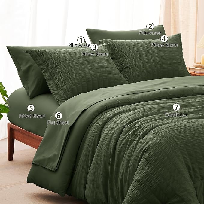 CozyLux Oversized Queen Comforter Set Olive Green Seersucker 7 Pieces Bed in a Bag Queen Comforter Set with Sheets, Luxury Soft Bedding Set with Down Alternative Comforter, Sheets, Pillowcases & Shams