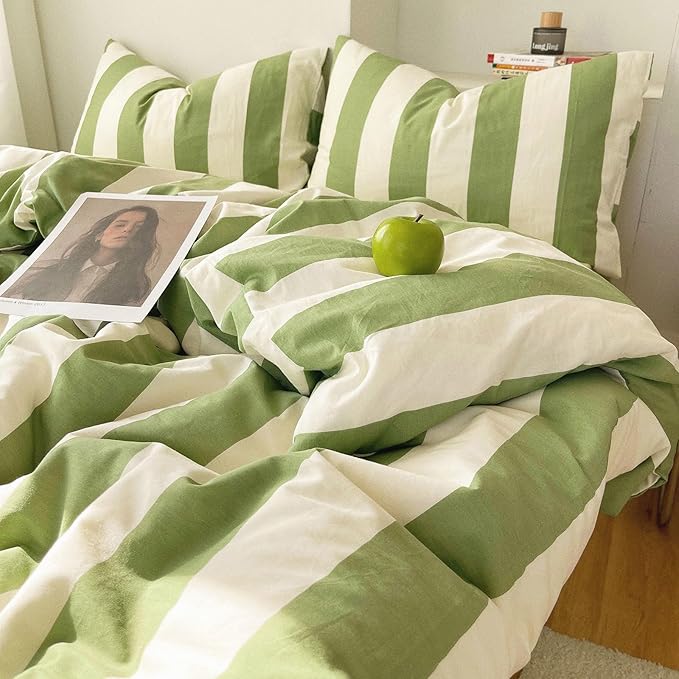 LifeTB Sage Green and White Striped Duvet Cover Set Twin XL, 100% Washed Microfiber Soft Breathable Striped Bedding Set, 3 Pieces Retro Stripes Pattern Printed Comforter Cover with 2 Pillowcases