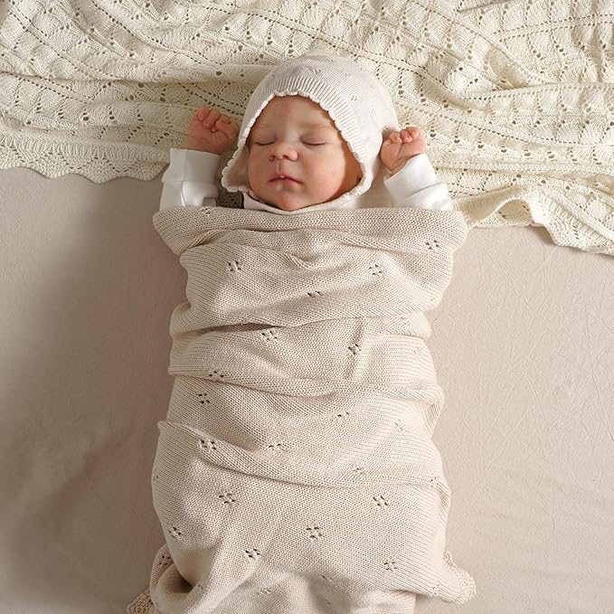 mimixiong Cotton Baby Blanket Knitted Crochet Receiving Crib Nursery Swaddling Blankets for Newborn Baby Boy Girl 30x40 Inch (Oatmeal)