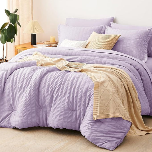 CozyLux Full Seersucker Comforter Set with Sheets Light Purple Bed in a Bag 7-Pieces All Season Lavender Bedding Sets with Comforter, Pillow Sham, Flat Sheet, Fitted Sheet, Pillowcase