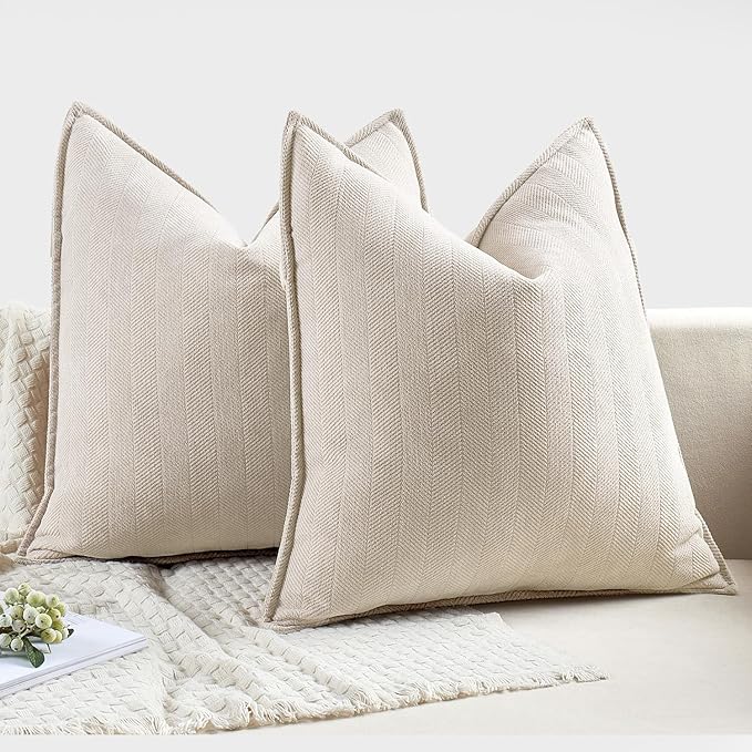 MIULEE Pack of 2 Cream Beige Decorative Pillow Covers 22x22 Inch Soft Chenille Couch Throw Pillows Farmhouse Cushion Covers Euro Shams with Elegant Design for Sofa Bedroom Living Room Spring Decor