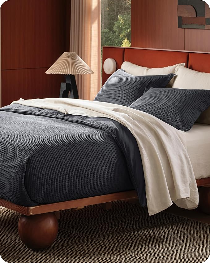 Bedsure Cotton Duvet Cover Queen - 100% Cotton Waffle Weave Charcoal Duvet Cover Queen Size, GentleSoft™ and Breathable Bedding Set for All Season, 3 Pieces, 90"x90"