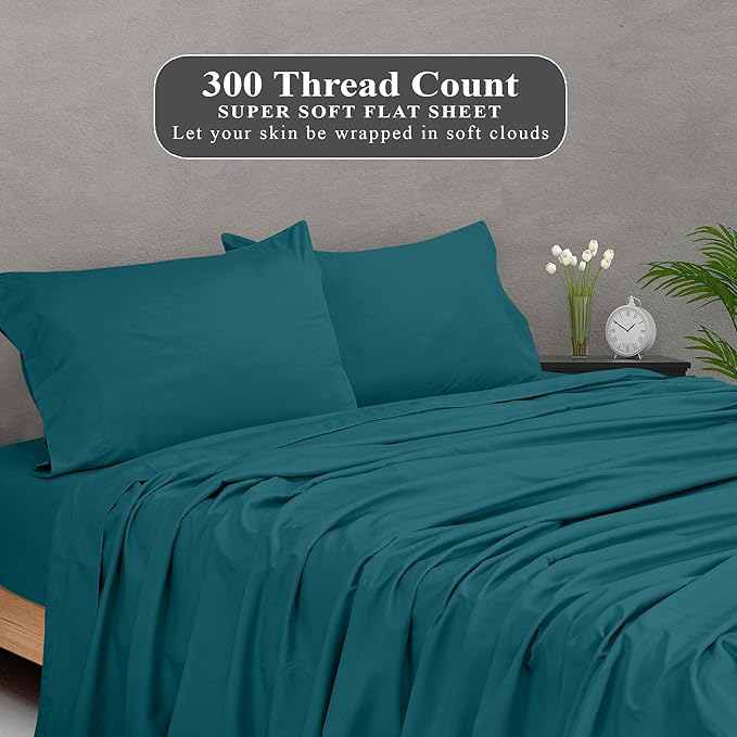 Royale Linens 300 Thread Count 100% Long Staple Combed Cotton Flat Sheet - Super Soft - Top Sheets - Full Flat Sheet Sold Separately - Breathable, Cool & Crisp Percale Sheets Only (Full, Teal)