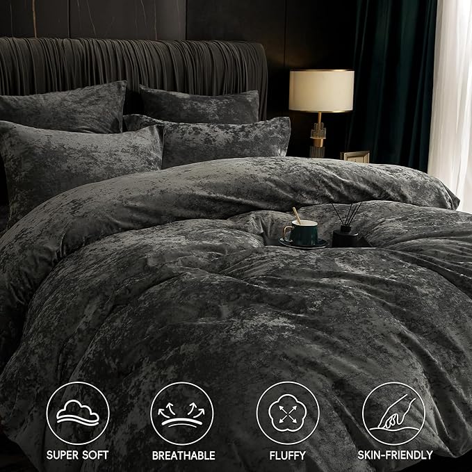 PHF Truly Velvet Duvet Cover Set California King Size, 3pcs Ultra Soft Breathable Comforter Cover Set, Luxury Cozy Flannel Duvet Cover with Pillow Shams Bedding Collection, 104" x 98", Dark Grey