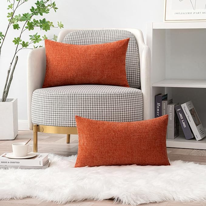 MIULEE Pack of 2 Rust Throw Pillow Covers 12x20 Inch Soft Chenille Lumbar Pillow Covers for Sofa Living Room Couch Solid Dyed Cases