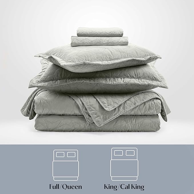 Hearth & Harbor Queen Quilt Set – All-Season Lightweight Bedspread & Coverlet with Pinsonic Weave - 7 Piece Queen Quilt Set with Pillow Shams, London Fog - Queen Ellipse