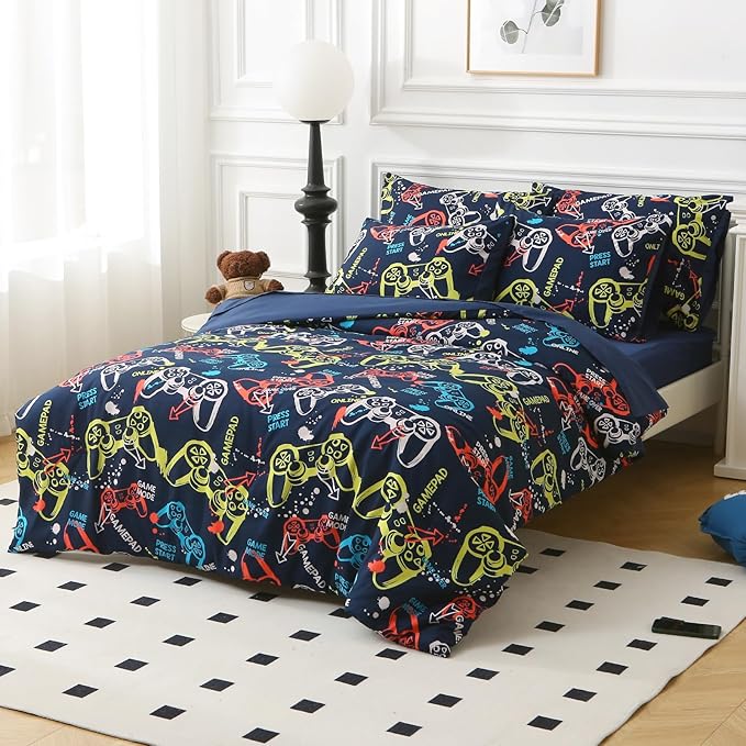 Glow in The Dark Kids Comforter Set, 7 Pieces Gamepad Pattern Bedding Set Full Size for Boys Girls Teen, 1 Comforter, 1 Pillowcase, 2 Pillow Shams