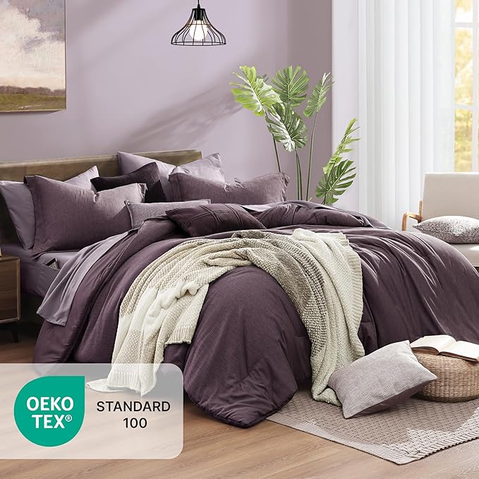 Monbix Super King Plus Size Comforter Set, Italian Plum Bedding Set Reversible, Comforter Set 7 Pieces, Cationic Dyeing Bed in a Bag with Comforter, Sheets, Pillowcases & Shams