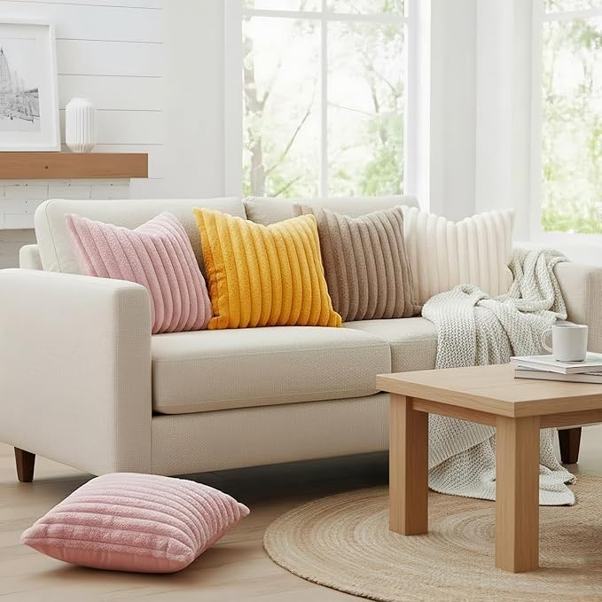 decorUhome Cozy Faux Fur Spring Throw Pillow Covers 20x20 Set of 2 Decorative Soft Plush Striped Modern Farmhouse Boho Couch Pillow Cases with Velvet Back for Sofa Bed Living Room, Cream White