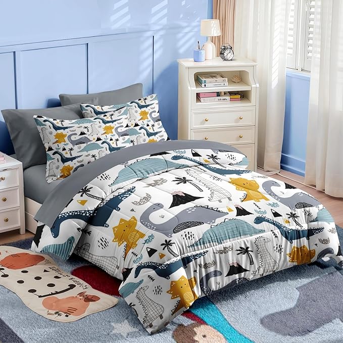 Nesker 5 Pcs Comforter Set Twin Size, Cute Dinosaur Bedding for Kids Teen, Blue Yellow Gray Dino Bedding Set with Pillowcase & Sham for Bedroom Bed Decor