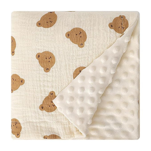 Cotton Muslin Front Fluffy-Backed Baby Swaddle Blankets Double Layer Nursery Plush Dotted Fleece Back Receiving Bed Quilt Blanket for Unisex Newborn Toddler Boys Girls 30 x 41 Inches