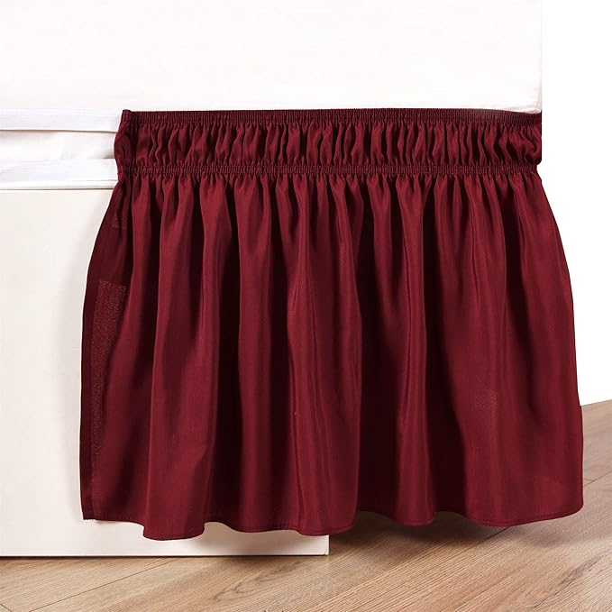 Wrap Around Bed Skirts Elastic Dust Ruffles, Easy Fit Wrinkle and Fade Resistant Silky Microfiber Fabric Solid Color Bedskirt, 12 Inch Tailored Drop Burgundy for Olympic Queen Size Bed Skirt